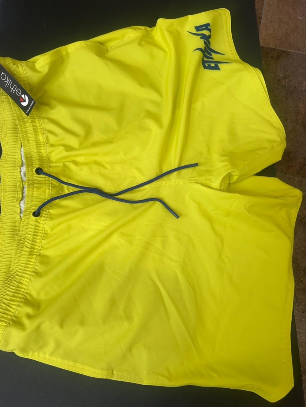 ethika Neon Yellow Swim Trunks with Navy Drawstring